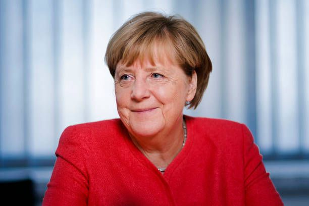 Angela Merkel, former Federal German Chancellor, gestures during an interview on June 15, 2022 in Berlin, Germany.
