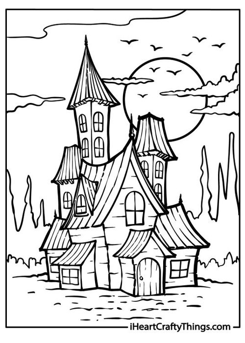 Detailed coloring drawing of an old and creepy haunted house with multiple towers
