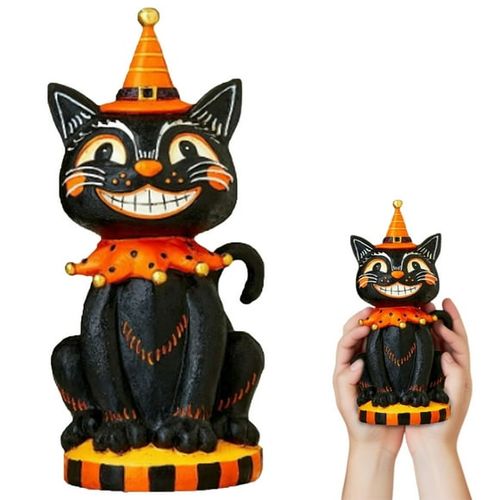 Retro Vintage Style Anthropomorphic Halloween Resin Black Cat Smiling Decor,10" Resin Vintage Cat Tabletop Decor,Black & Orange,for Happy Halloween Party Trick or Treat Decorations