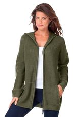 Roaman's Women's Plus Size Thermal Waffle Hoodie Zip Up Cardigan Jacket - S, Dark Olive Green