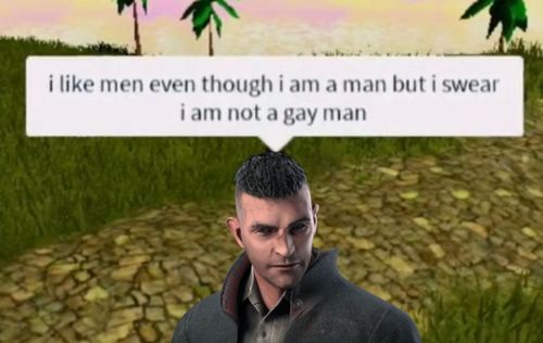 a man is standing in front of a sign that says i like men even though i am a man but i swear i am not a gay man