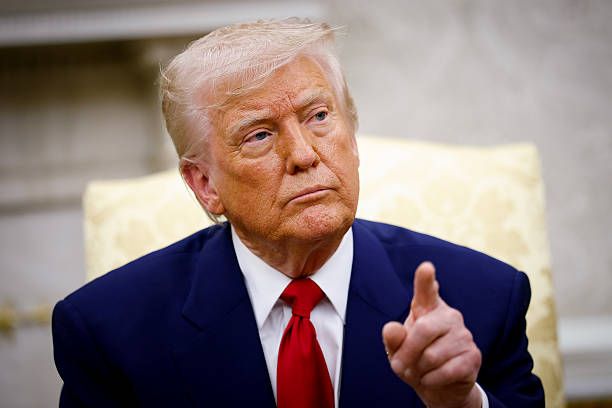 President Donald Trump takes a question from a member of the media during a meeting with Israeli Prime Minister Benjamin Netanyahu in the Oval Office...