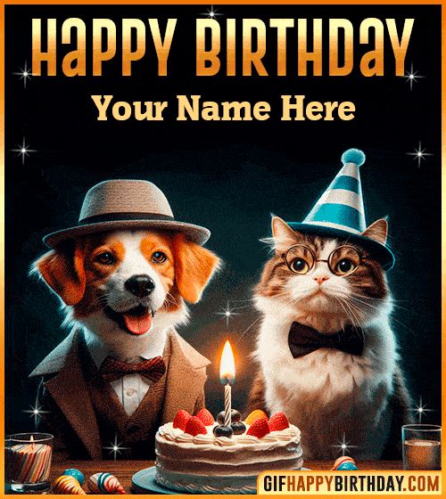 Funny Cat and Dog Happy Birthday GIF with Name – A cute beagle and cat wearing party hats, smiling beside a cake with candle Perfect funny birthday animation to personalize and share for free.