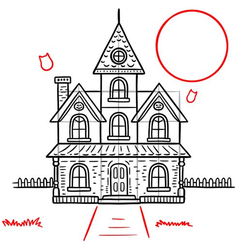 Full moon, bat outlines, and path to house added to Halloween haunted house drawing - step 14
