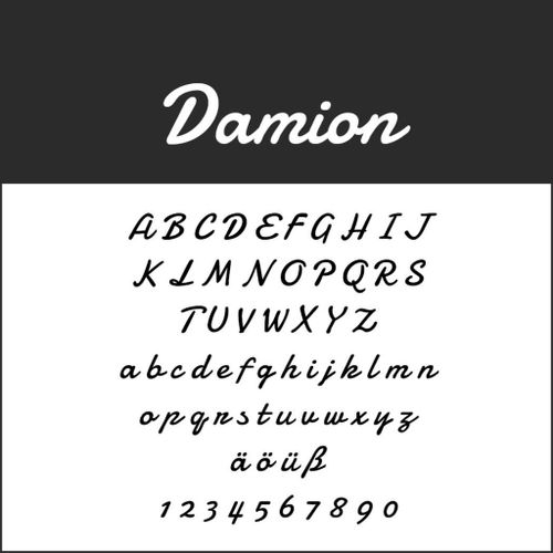 Se muestra una muestra de la fuente Damion, que incluye elegantes fuentes cursivas con letras mayúsculas y minúsculas de la A a la Z, caracteres especiales ä, ö, ü, ß y números del 1 al 9 en una elegante escritura negra sobre un fondo blanco.
