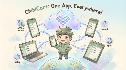 ChibiCart PWA - One App, Everywhere! Chibi character with devices showing synchronized shopping lists