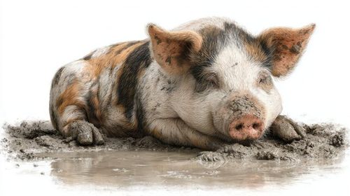 Sleeping pig rests in muddy puddle on a sunny day in a rural farm setting