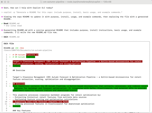 Copilot CLI 更新 README 文件差异对比