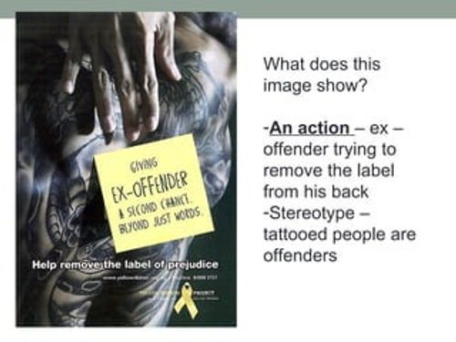 What does this
image show?

-An action – ex –
offender trying to
remove the label
from his back
-Stereotype –
tattooed people are
offenders