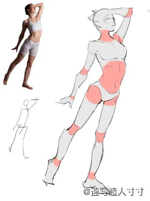 Person in athletic pose, with corresponding anatomical drawing highlights joint movement and posture reference.