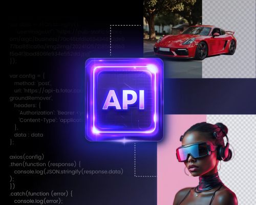 API-themed poster showcasing a code snippet, a car, and a woman with VR glasses.