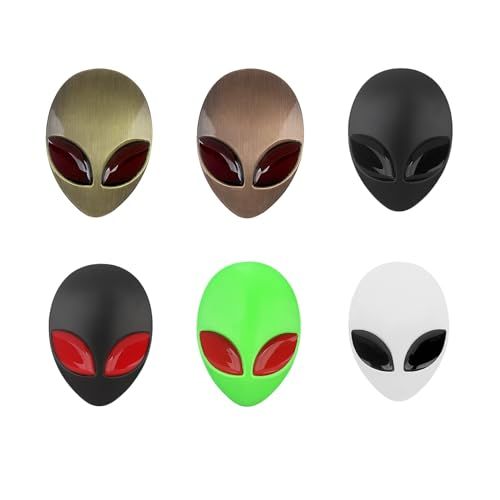 Fsocpen Alien Badge Metal Stickers,3D Space Alien Metal Waterproof Sticker,Alien Metal Sticker for Car,Refrigerator,Notebook,TV, Window,Any Smooth Surface, Set of 6