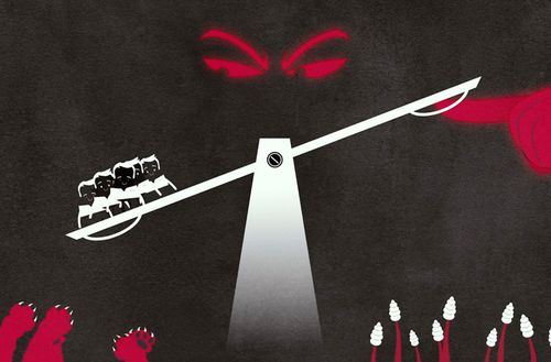 An illustration of a seesaw balancing people against a red, ominous face and hand, symbolizing manipulation or control.