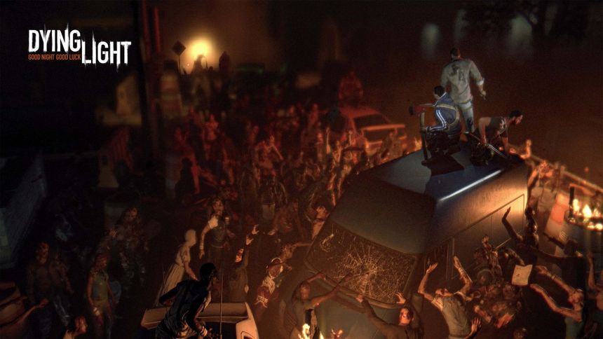 Zombies swarm around a van as a player stands on top in a dark urban night scene. — Dying Light Wallpaper
