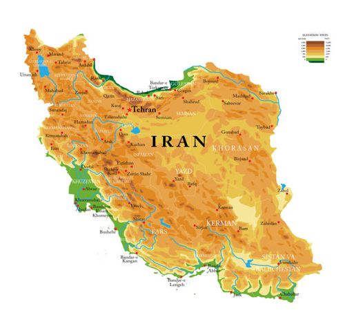 Iran physical map Highly detailed physical map of the Iran,in vector format,with all the relief forms,regions and big cities. iran map shiraz cartography stock illustrations