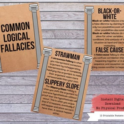 May include: A set of 13 printable posters featuring common logical fallacies. Each poster has a title, a description of the fallacy, and a graphic of a column. The posters are designed to be printed on brown paper.