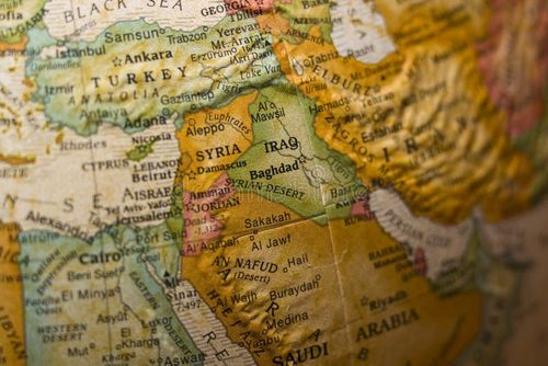 Syria Middle east focused on globe. Israel iran map stock images, royalty-free photos and pictures