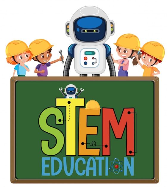 Vector logotipo de stem education con niños con ingeniero y robot