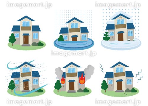 災害に遭う住宅のベクターイラストセット　水害・雪害・台風・火災・地震 住宅ローン,地震保険,損害保険のイラスト素材