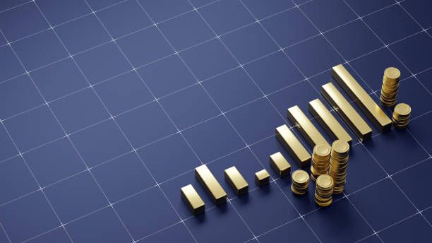 Golden financial chart stacks of gold coins on dark navy floor with a grid pattern Golden financial chart stacks of gold coins on dark navy floor with a grid pattern wealth accumulation stock pictures, royalty-free photos & images