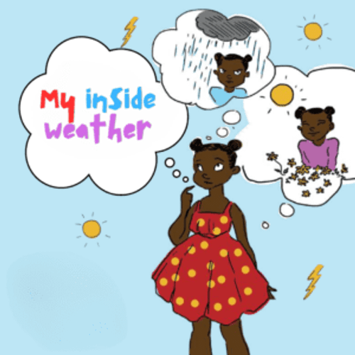 A colorful children’s book cover featuring soft pastel illustrations of a child surrounded by different weather symbols, representing emotions.