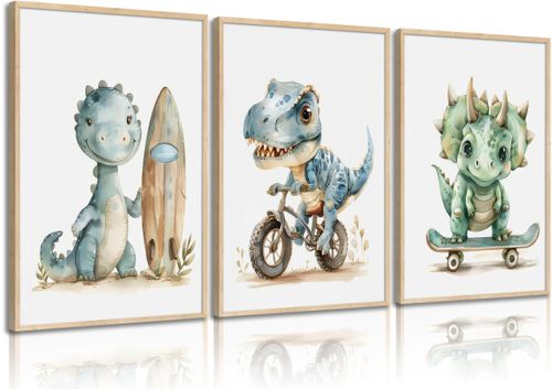 Funny Dinosaur Nursery Canvas Wall Art Surfing Skateboard Riding Dinosaur Painting Picture Wall Decor Sport Nursery dinosa...
