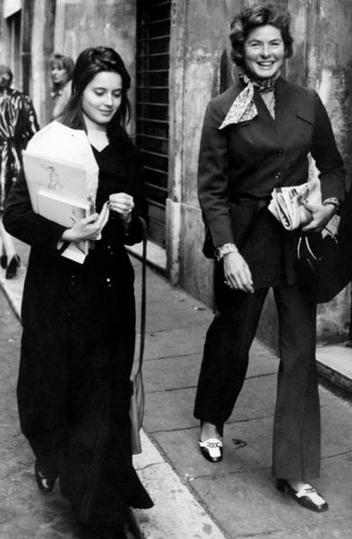 The Swedish actress Ingrid Bergman taking a stroll with her daughter Isabella Rossellini. Rome, 1971.