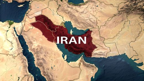 Satellite Map of Iran Highlighting Country Borders Beige Tan Brown Dark Red Waters