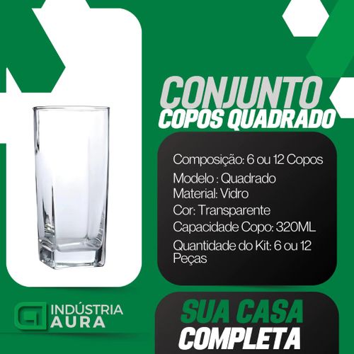 Jogo De 6 Copos Vidro Quadrado Luxo Transparente 320ml Aura Do Brasil