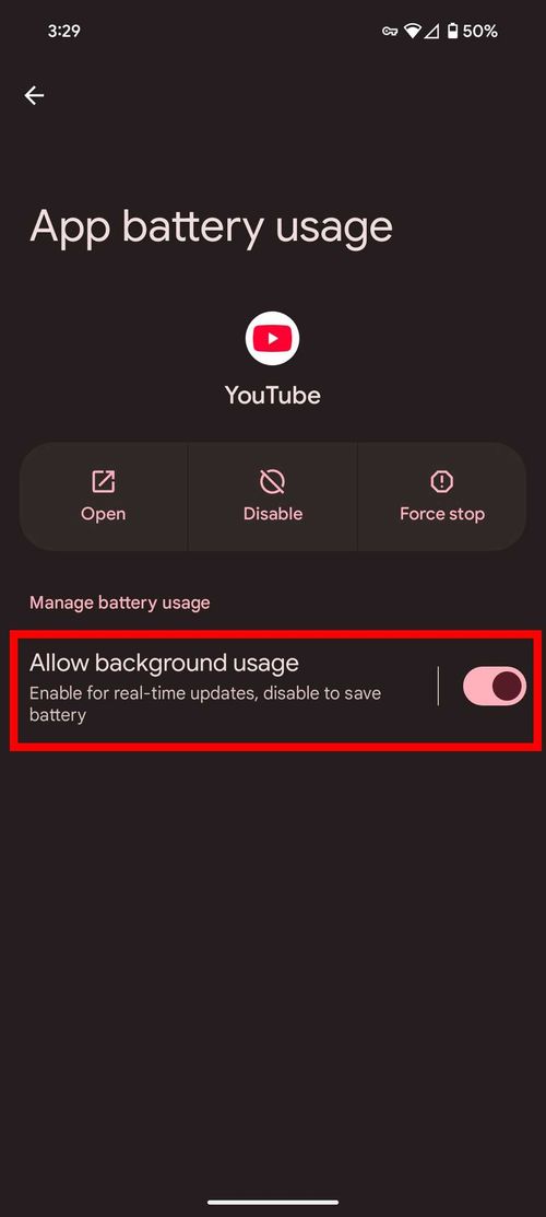Red rectangle outline highlighting Allow background usage toggle on on Android 15 for the YouTube app