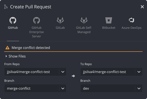GitKraken Create Pull Request screen displaying a warning banner indicating a merge conflict between the source and target branches.