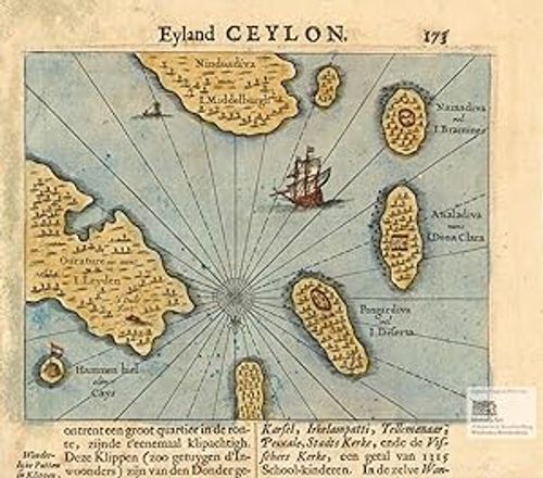 Seller image for Eyland Ceylon. Altkolorierte Landkarte von Inseln vor Ceylon und Segelschiff der Ostindischen Companie bei Baldaeus 1672 for sale by historicArt Antiquariat & Kunsthandlung