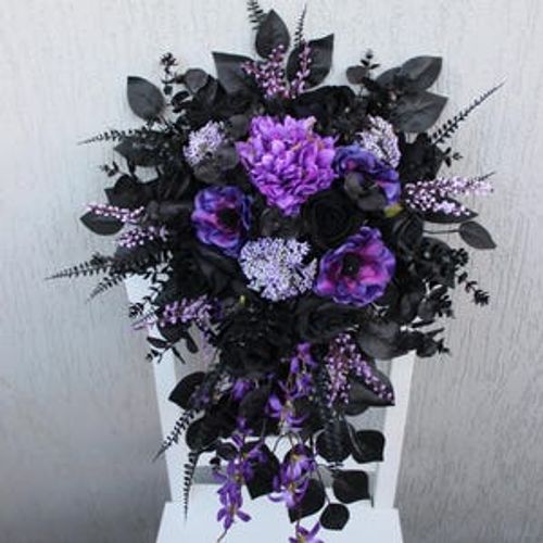 Purple black wedding bouquet, cascading bridal bouquet, dark bouquet, gothic wedding decor, silk flower bouquet image 13