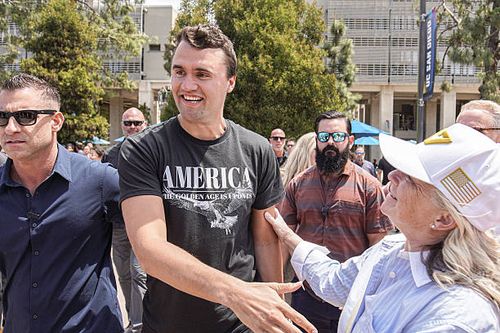 Charlie Kirk, founder of Turning Point USA, enters the plaza and talks with his supporters. Turning Point USA founder and American conservative...