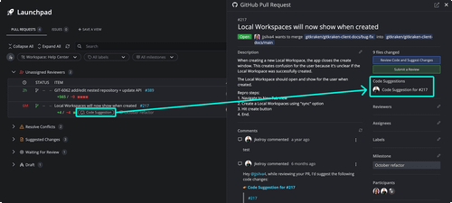 Code suggestion label displayed in the PR list and detailed panel in GitKraken Desktop