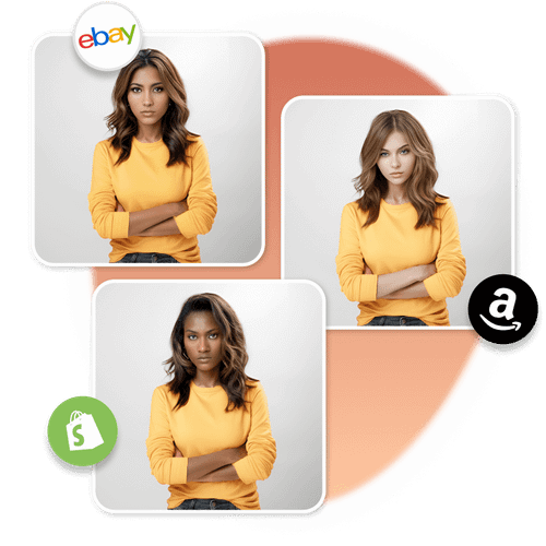 AI-generated female models featured in Amazon, Shopify, and eBay.