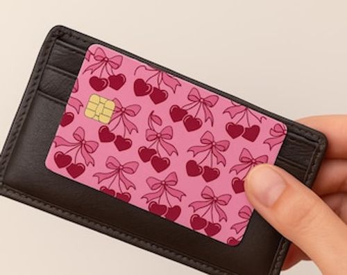 Pink Heart Bow Credit Card Sticker – Cute Romantic Debit Card Skin – Girly Vinyl Cover for Bank or Gift Cards