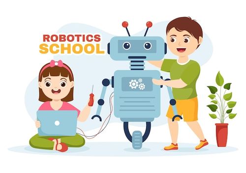 Vector escuela de robótica ilustración vectorial con niños proyecto robótico para programación e ingeniería robot