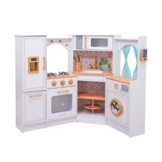 KidKraft Ultimate Corner Wooden Play Kitchen with Lights & Sounds, Play Phone and Curtains, White