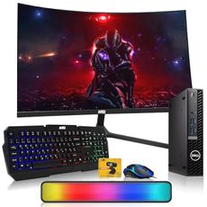Dell Optiplex Tiny Mini Desktop PC, Core i5, 16GB RAM, 512GB SSD with 27 inch Curved Monitor, AI Enabled RGB Keyboard Mouse, RGB Soundbar and Webcam Windows 11 Pro (Renewed)