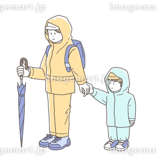 水害時に子供の手を引いて避難する女性のイラスト リュックサック,レインコート,スニーカーのイラスト素材