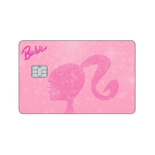 a pink barbie credit card with the silhouette of a woman's head on it