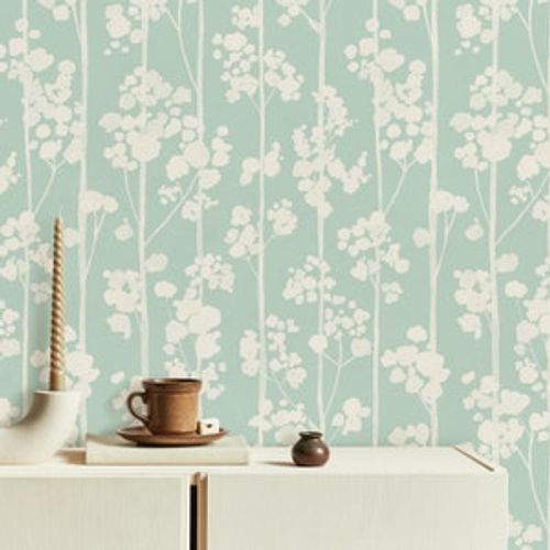 Pastel Green & Beige Flowers Wallpaper, Mint Wildflowers Print, Minimalist Botanical Wallcovering, Removable, Home Decor, Peel and Stick,