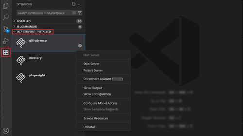 Screenshot showing the MCP servers in the Extensions view.