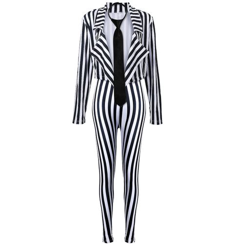 SATINIOR Halloween Women's Black White Vertical Striped Suit Blazer Length Pants with Tie Jacket Costume