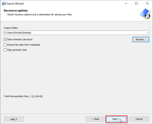Linux Reader - Valider l'emplacement de sauvegarde, Next