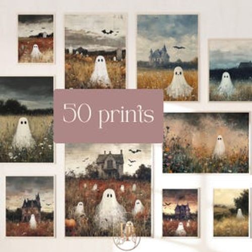 Halloween Gallery Wall Art Set of 50 Prints Little Ghost In Vintage Landscape Paintings Spooky Country Cute Ghost Printable Gallery Wall Set