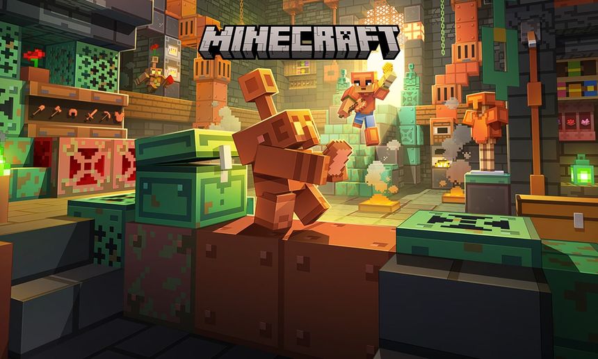 Una mazmorra de Minecraft con temática de cobre con un jugador con armadura saltando hacia un gólem de cobre
