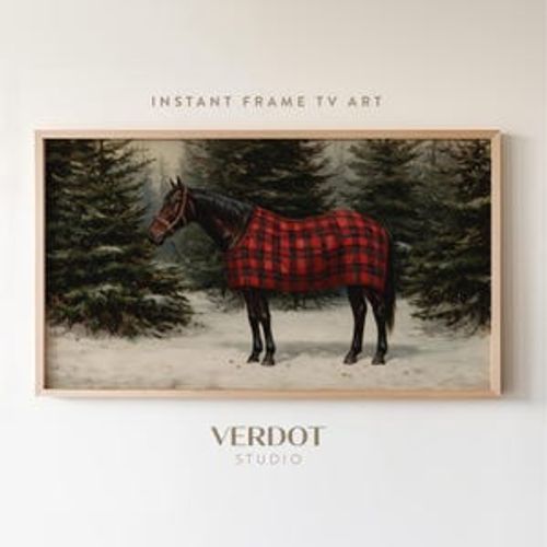 May include: A framed vintage print of a horse in a snowy forest. The horse is covered with a red and black plaid blanket. The print is labeled "INSTANT FRAME TV ART" and "VERDOT STUDIO".