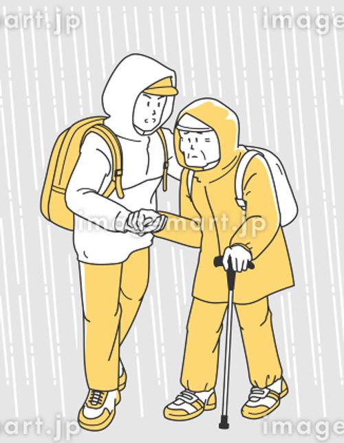水害時に高齢者を介助して避難する男性のイラスト リュックサック,レインコート,おじいさんのイラスト素材